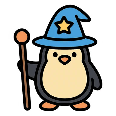 penguin wizard holding a staff, wearing a wizard hat, colored icon with black outlines sticker