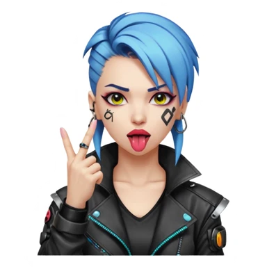 Woman with her tongue out in cyberpunk clothing and giving the middle finger. Looking naughty. sticker