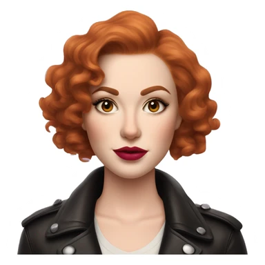 Woman with very pale skin, true red curly short hair with a side part, heavy cat-eye makeup, long eyelashes, bright pink blush and lipstick.  Her eyebrows are dark, arched and very high.  Hazel eyes. Big lips. Thin. Wearing a leather jacket  sticker