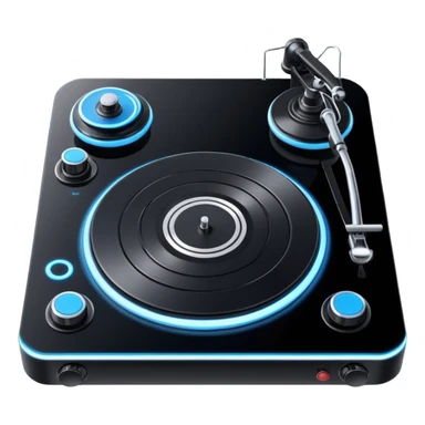 Two sleek, modern turntables with glowing buttons and sliders, connected by a central mixer. Minimal, bold lines and smooth shading so it looks like a real emoji. Simple and clean, designed to be recognizable even at small size. sticker