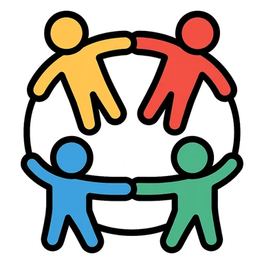 colorful stick figure humans standing in a circle, holding hands, unity, playful simple icon sticker