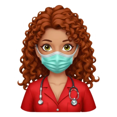 Sensual Spanish Lilith core evil surgeon.red outfit.  Surgeon has hazel-green eyes. Her hair is BROWN. Hair is also  long and  curly. wearing a sexy surgeon outfit with platform  heels.she is a calculated killer. She covers only her mouth and nose with mask to hide identity carries  sticker
