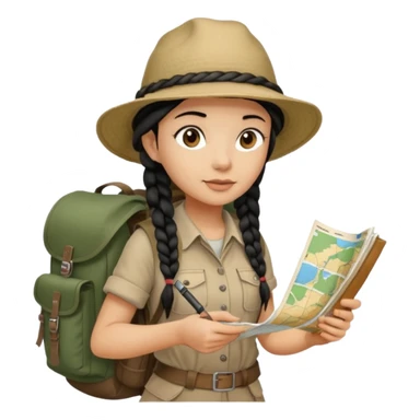 A braid black hair backpacking woman checking her map with curious eyes while walking with camping hat and dirt covered bootsfull body sticker