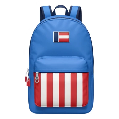 simple blue backpack, at the bottom pocket there is a  logo featuring a Tommy Jeans-inspired logo. The logo looks like a vertically one red, one white. The flag stripes are vertical, not horizontal. Flat

 sticker