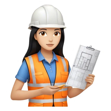 Female civil engineer with long black hair wearing white helmet and an orange safety vest looking at drawing plan on her hand  sticker