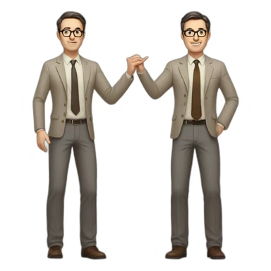 Full height Actively gesturing with hands Pale skinned fit man with dark brown hair in gray jacket, beige office shirt, brown tie, brown pants and vintage glasses. sticker