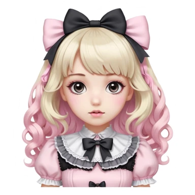 pale girl , who has curly medium length blonde and baby pink and black swirled hair with bangs , grey eyes , and doll like makeup , in a light pink with black lolita hime gyaru dress with a large black bow sticker