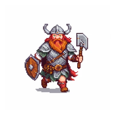 pixel art ginger viking with red beard and armor, running animation frame 1, legs wide apart sticker