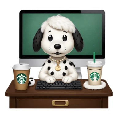 snoopy in a desk with starbucks and his chanel purse sticker