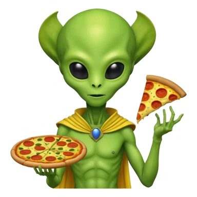 alien, wearing yellow ancient custome, with pizza sticker