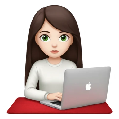 Long dark brown haired, white skinned, dark green eyed girl in white clothes girl sitting in macbook with a red carpet  sticker