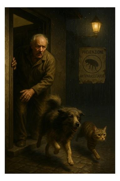 Un uomo anziano in tuta da lavoro, con espressione angosciata, tiene aperta la porta di casa mentre il suo cane (un meticcio a pelo lungo) e il gatto (soriano) scappano nella strada buia sotto la pioggia. Particelle di polvere/pulci fluttuano nell'aria illuminata dal lampione. Sullo sfondo, un poster strappato del veterinario con scritto 'Prevenzione antiparassitaria'. Stile fotorealistico, illuminazione Caravaggesca, toni grigi e ocra. in italiano sticker