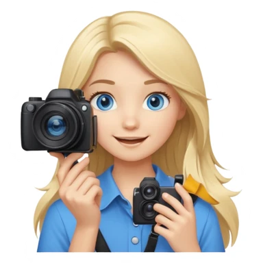  blue eyes blonde girl photographer cartoon taking picture in middle of taking picture camera in front of face long hair smiling funny flash professional, camera in front of face sticker