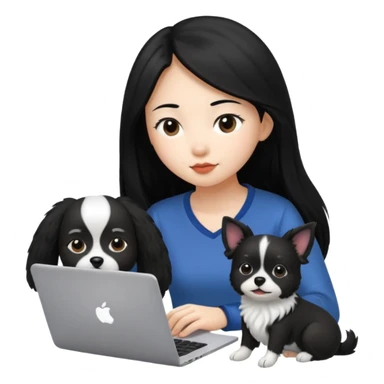 Asian girl with long black hair working on an Apple laptop, next to her is a small black and white dog with no collar on  sticker
