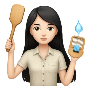 A white woman with long, straight black hair, wearing an ivory-colored shirt, holding a wooden paddle hairbrush in her left hand and spraying a hair mist bottle with her right hand toward her hair. sticker