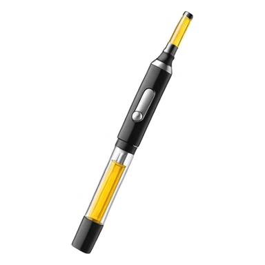 vape pen with yellow oil in the screw on cartridge with a black body and a button on it that looks like a dab pen sticker