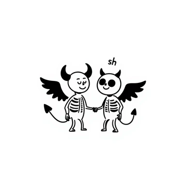 devil skeleton and angel skeleton together, both saying 'sh', expressive, clear pose, hand drawn doodle style sticker