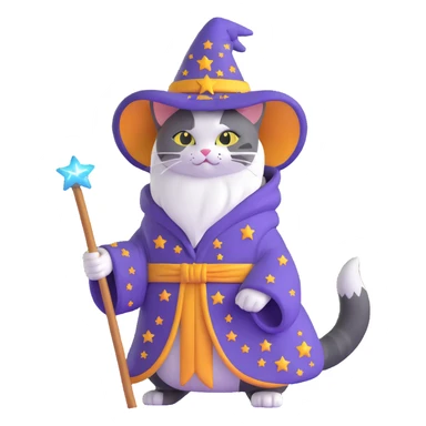 wizard cat with a starry robe and hat sticker