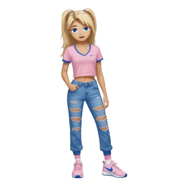 preppy teenage girl, blue eyes, tan, less blonde highlights, brown long hair, wearing ripped blue very long and very baggy jeans with a light pink sexy revealing very low neck crop top, wearing Nike shoes with Nike socks, very sexy, really really long eyelashes, very pretty sticker