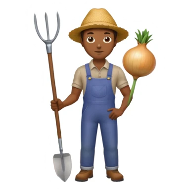 A black man with a gardening hoe and a large onion sticker