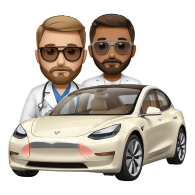 White tesla model 3 with a cool physician with dark blond hair, beard and dark sunglasses next to it sticker