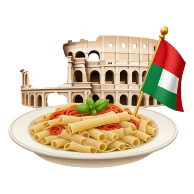 An icon featuring the Colosseum and the flag of Italy, symbolizing the Italian language. The design includes an open book with Italian phrases and a plate of pasta, representing language learning and cultural heritage. Transparent background sticker