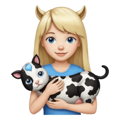 Apple-style emoji sticker of a young woman with long blond hair and straight bangs, blue eyes , holding a black-and-white cow-pattern cat on her chest, both smiling.  sticker