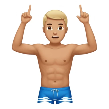 man with anger in swimming pool open arms and finger up on air sticker