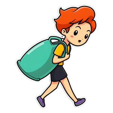 a woman straining with a difficult expression carrying something very heavy on her back, cartoonish sticker style sticker