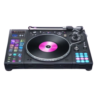 Realistic DJ turntable setup with pink,blue,and purple sparkling diamonds and rhinestones on it and sound console in the middle. sticker