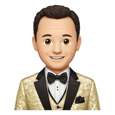Tom Hanks with dark brown hair, cream sequin suit with bow tie sticker