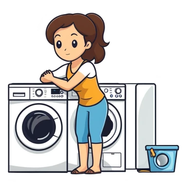 Caucasian woman with brown hair and huge boobs wearing a tank top kneeling next to washer and dryer sticker