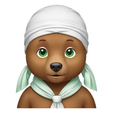 Cool brown bear with confident expression and green eyes wearing a crisp white durag with the ties showing, iOS emoji style sticker
