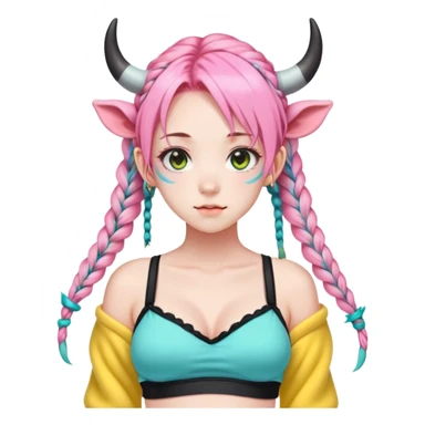 En anime-jente med to rosa lange tykke fletter og cyan striper i håret, ku-horn og ku-ører, sort BH-topp over en gul cropped-fleece-blouse sticker