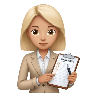 A person holding a checklist and pen is wearing smart casual clothing. The character is in a focused pose sticker