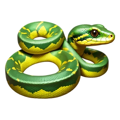 cinematic-green tree python-realistic-full-body-coiled-emoji,-thick-scaled-body-looped-tightly,-intricate-brown-and-gold-patterned-scales-reflecting-light,-head-tilted-dramatically,-slitted-eyes-staring-calmly,-simplified-yet-realistic-focused-feature sticker