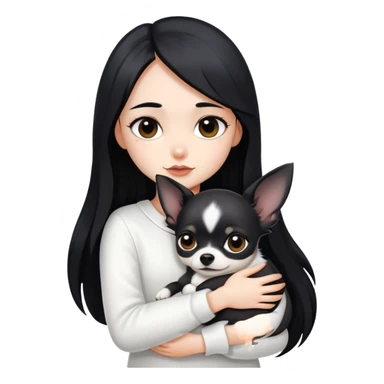 Fair skin girl - long black hair - white clothes - hugging a black chihuahua sticker