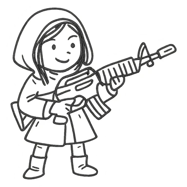 playful stalker girl with a comically large machine gun sticker