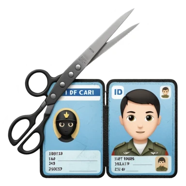 Floating black Scissors cutting in half an idf soldier ID card in 2 parts .hyper realistic sticker