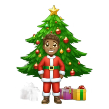 happy boy with red cristmas dress and gifts under cristmas tree sticker