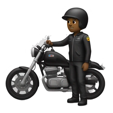 Un motorista e moto custom negra con ropa negra con casco negro y un sieste blanco en  l casco sticker