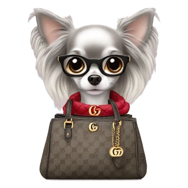 Grey Merle long hair chihuahua in a Gucci handbag sticker