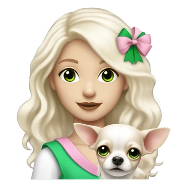 pale blond girl with wavy long platinum white hair with bright green eyes holding a white chihuahua that wearing a pink bow sticker