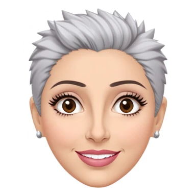 Puerto Rican actress Marian Pabón with elongated face, light pinkish skin, almond-shaped expressive eyes, straight nose, well-defined lips with wide smile, arched eyebrows, pronounced cheekbones, short spiky gray hair like a man's cut sticker