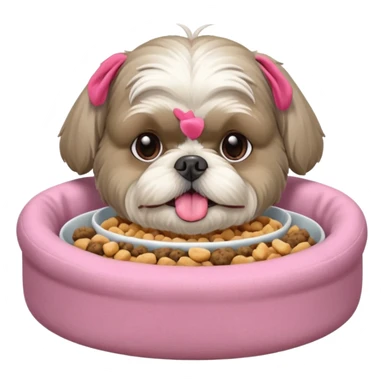 old ALL grey shih tzu in pink dog bed tongue hanging out with a bowl of food sticker