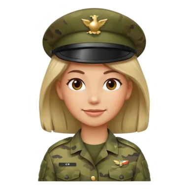 Female soldier emoji in Apple style, no cap/helmet, bust portrait, gentle smile, generic camo, hair visible, soft gradients sticker