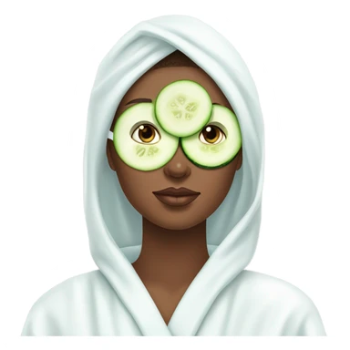 Girl with freackles Brown hair white skin and blue eyes wears Green colored texture skin care mask all over her face while She relaxes she puts on two mini round piece of cucumber on her closed eyes In a white Robe sticker