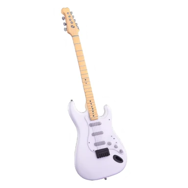 White electric guitar with sleek shiny body, black strings, and smooth neck sticker