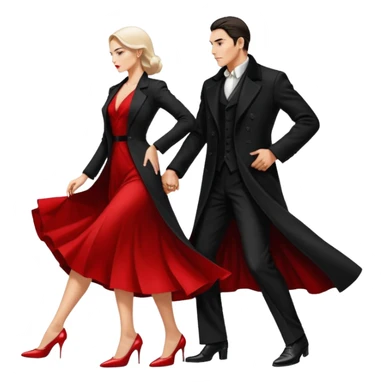 Ultra detailed realistic tango couple icon, black background, dramatic lighting, long black coat on man, white shirt and white shoes, red dress and white heels on woman, centered, minimal background, high contrast, 4K resolution, profile picture ready, sharp clean edges sticker