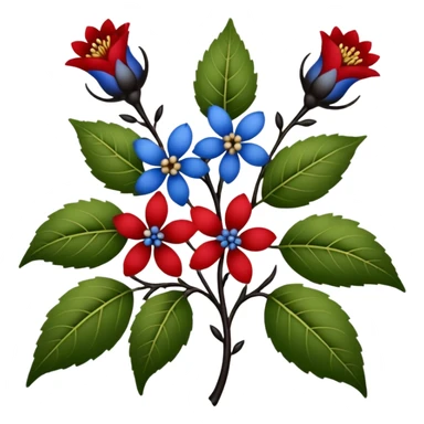 dull green leaves & red & blue flowers filigree design & small fruits& ebony branches, extremely detailed, complex design sticker